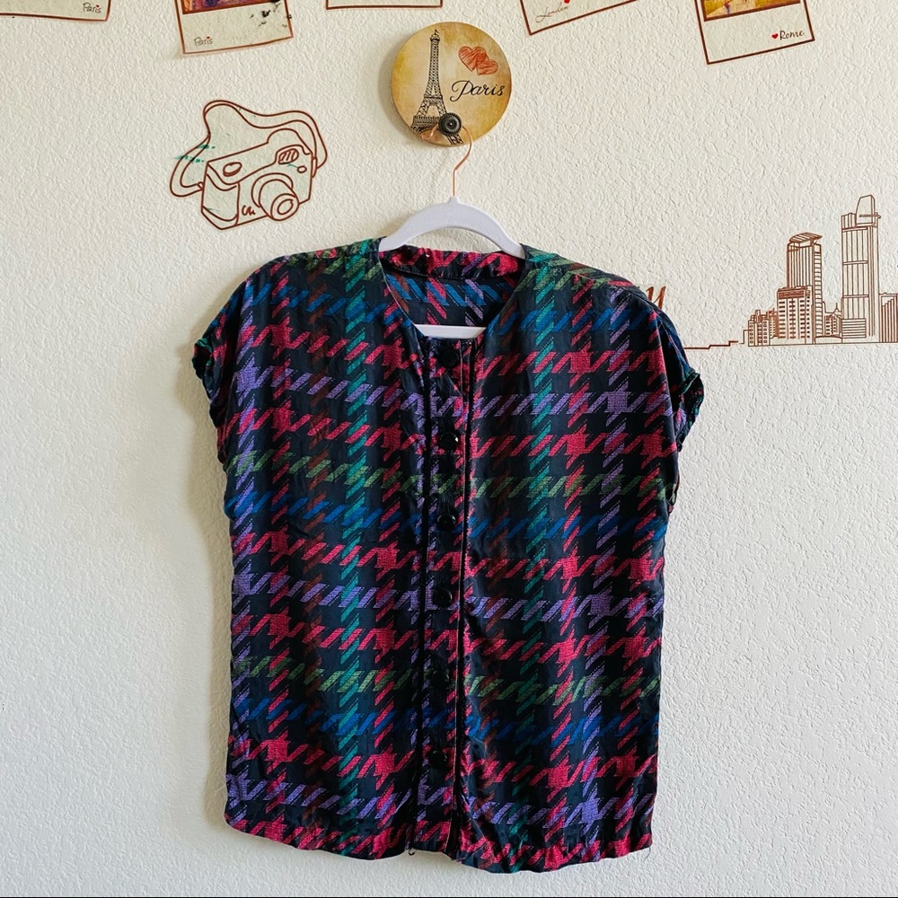 Multi Color Houndstooth Button Up Round Neck Cap Sleeve Top Size Small